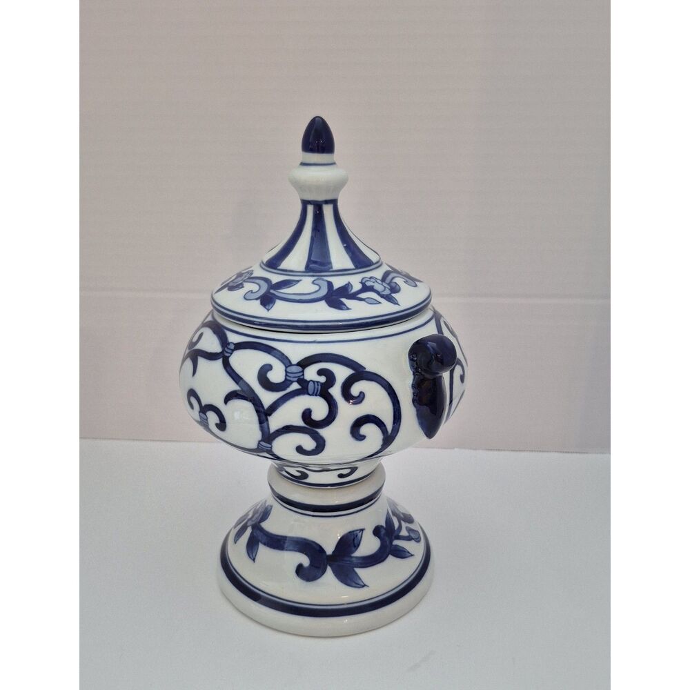 Vintage Blue and White Porcelian Lidded Jar-Urn-Pedastal Chinoiserie Ginger Jar